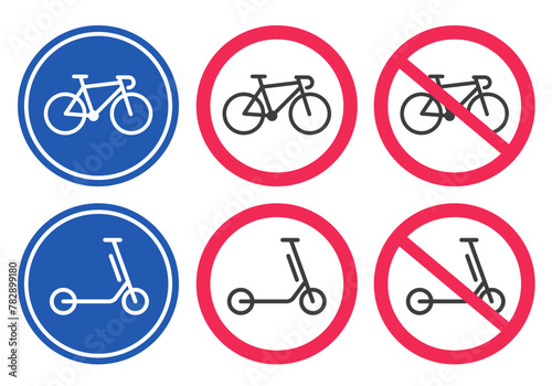 Bicycle and kick scooter forbidden and allow safety road street signs vector graphic illustration icon set, electric bike area lane path warning symbol, parking blue red attention image clip art