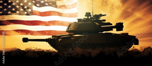 American Military Power at Sunset with Flag