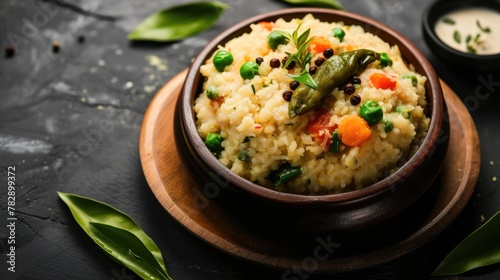 Appetizing healthy rice with vegetables in bowl, ready to be serve.