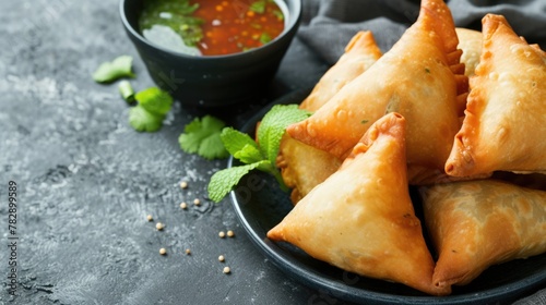 Mouth-watering Indian Snack Rissole (Samosa) with Spicy Sauce (Chutney) Served on Plate, Ready to be Eaten and Enjoyed.