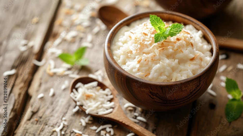 closeup view of coconut-rice kheer (Indian dessert) in a bowl with garnishing by mint leaf, ready to serve. closeup view of coconut-rice kheer (Indian dessert) in a bowl with garnishing by mint leaf, ready to serve.