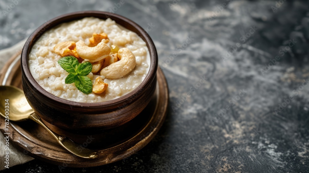 Delicious Indian rice pudding (kheer) toppings with dry fruits in a bowl, ready to be eaten and served by spoon.