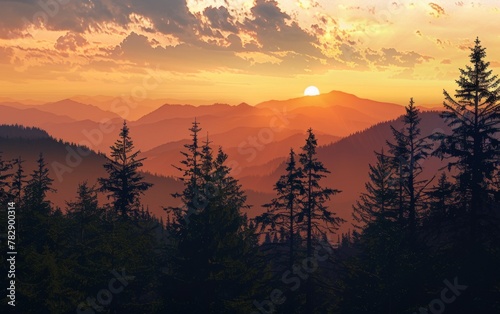 Sunset and silhouettes of trees in the mountains