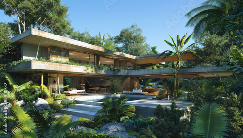 3D render of a modern concrete house with a pool and green grass, a luxurious villa © Kien