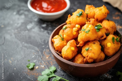 Closeup Image of Spicy Indian Snack Fritters with Red Sauce Placed on Plate, Ready to be Eaten and Enjoyed. photo