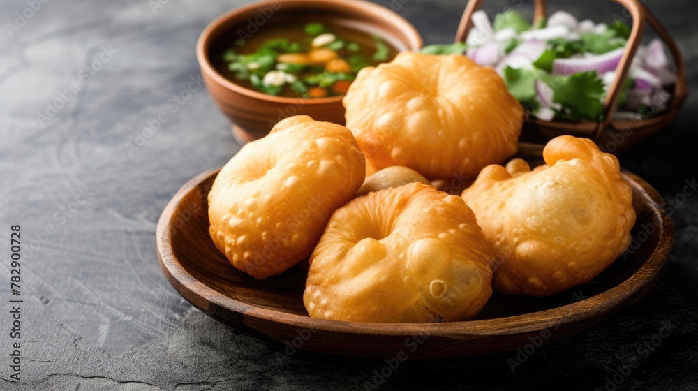 Closeup Image of Delicious Indian Crunchy Kachori with Sauce Served on Plate, Ready to be Eaten and Enjoyed. Closeup Image of Delicious Indian Crunchy Kachori with Sauce Served on Plate, Ready to be Eaten and Enjoyed.