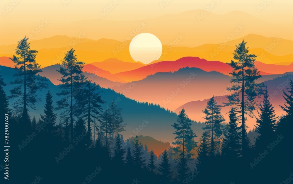 Sunset and silhouettes of trees in the mountains