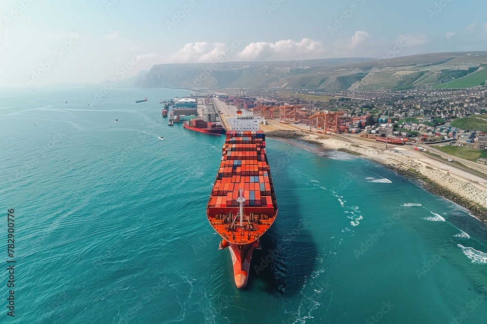 Aerial shot capturing a large cargo ship, loaded with colorful containers, entering a bustling port area