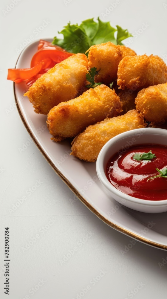 Closeup Image of Crunchy Bread Spring Roll with Red Sauce Served on Plate, Ready to be Eaten and Enjoyed. Closeup Image of Crunchy Bread Spring Roll with Red Sauce Served on Plate, Ready to be Eaten and Enjoyed.