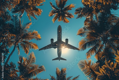 An airplane captured mid-flight from a ground perspective, framed by palm tree silhouettes against a clear sky