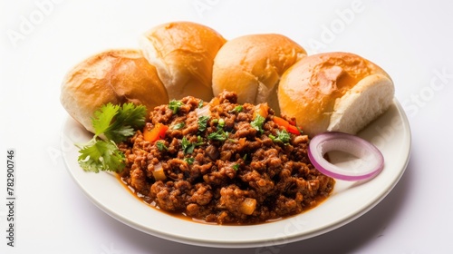 Indian Style Mutton Keema Pav Dish with Onion Slice Served on Plate, Ready to be Eaten and Enjoyed.