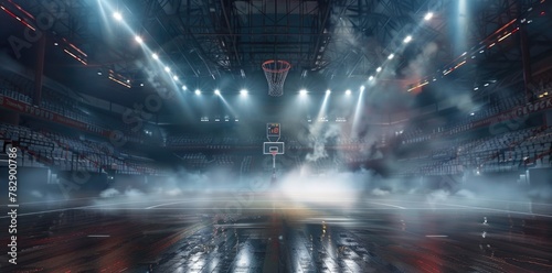 Basketball arena with spotlights and smoke, wide angle.