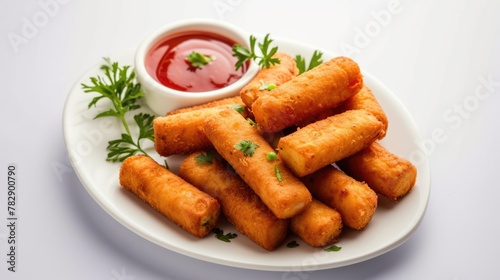 Closeup Image of Crunchy Bread Spring Roll with Red Sauce Served on Plate  Ready to be Eaten and Enjoyed.