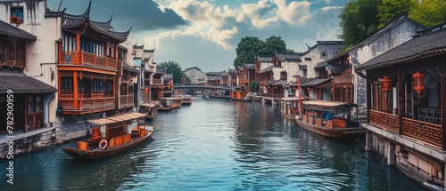 Scenic Ancient Water Town With Traditional Boats