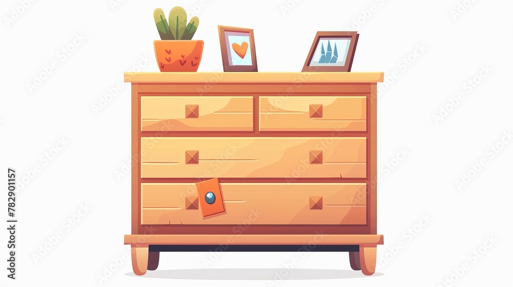 This cartoon modern illustration depicts a nightstand with a chest of drawers, photo frames and other decorative features for the interior of your home or office. It can be used as an element for the This cartoon modern illustration depicts a nightstand with a chest of drawers, photo frames and other decorative features for the interior of your home or office. It can be used as an element for the