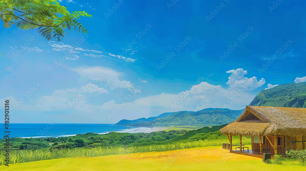 An oil painting portrays a peaceful beach, a quaint hut on the shore, vibrant green grass leading to a mountain, bathed in the light of a clear blue sky. An oil painting portrays a peaceful beach, a quaint hut on the shore, vibrant green grass leading to a mountain, bathed in the light of a clear blue sky.