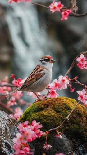 AI generator image of The pink bird Omachi is sitting on the branch of the cherry blossom tree, sakura photo