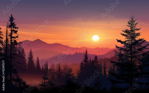 Sunset and silhouettes of trees in the mountains