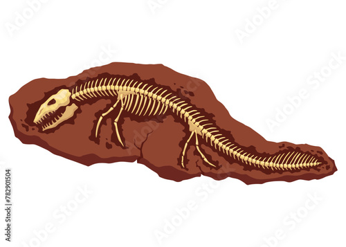 Dinosaur fossil skeleton bones, excavations of archeology isolated. Prehistoric reptile skeletons lying underground. Cartoon paleontological artifact