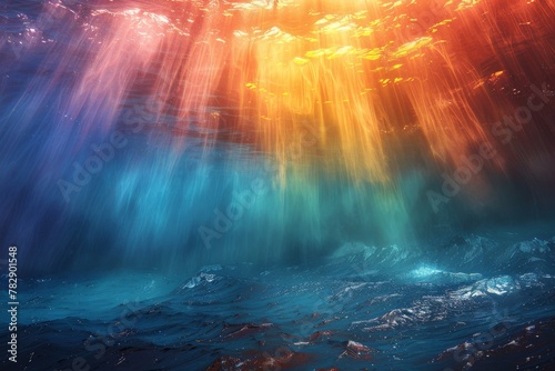 An ethereal underwater scene where beams of sunlight penetrate the azure depths of the ocean