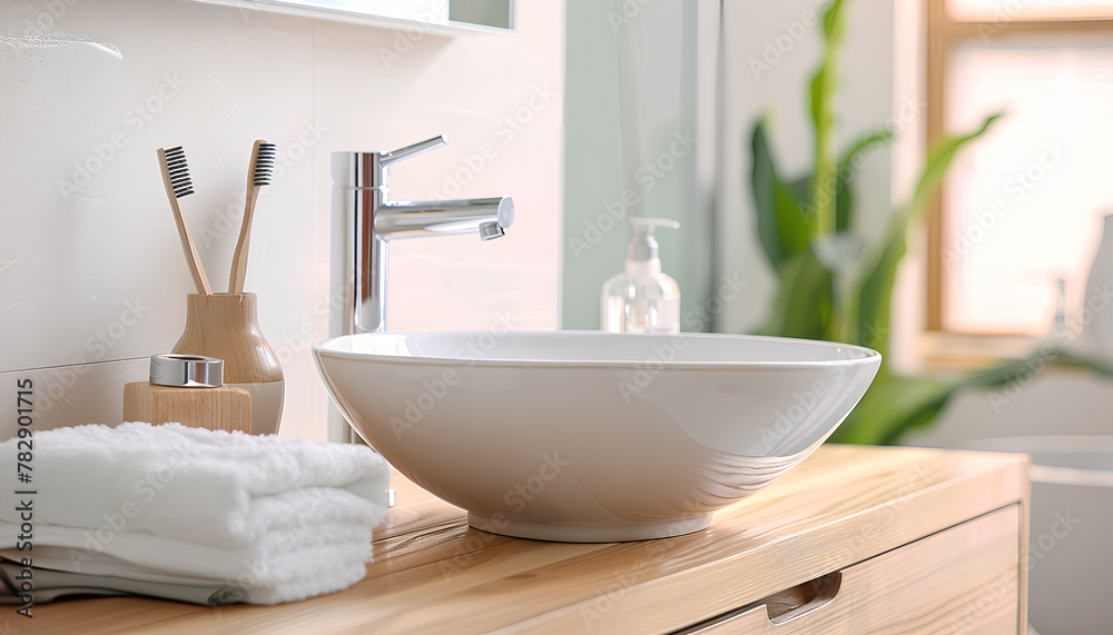 Fototapeta premium Sink bowl and cup with toothbrushes on chest of drawers in bathroom, closeup
