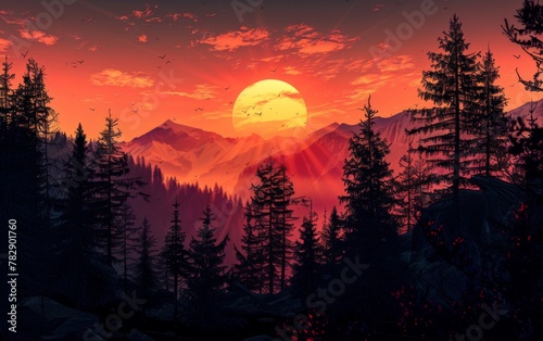 Sunset and silhouettes of trees in the mountains