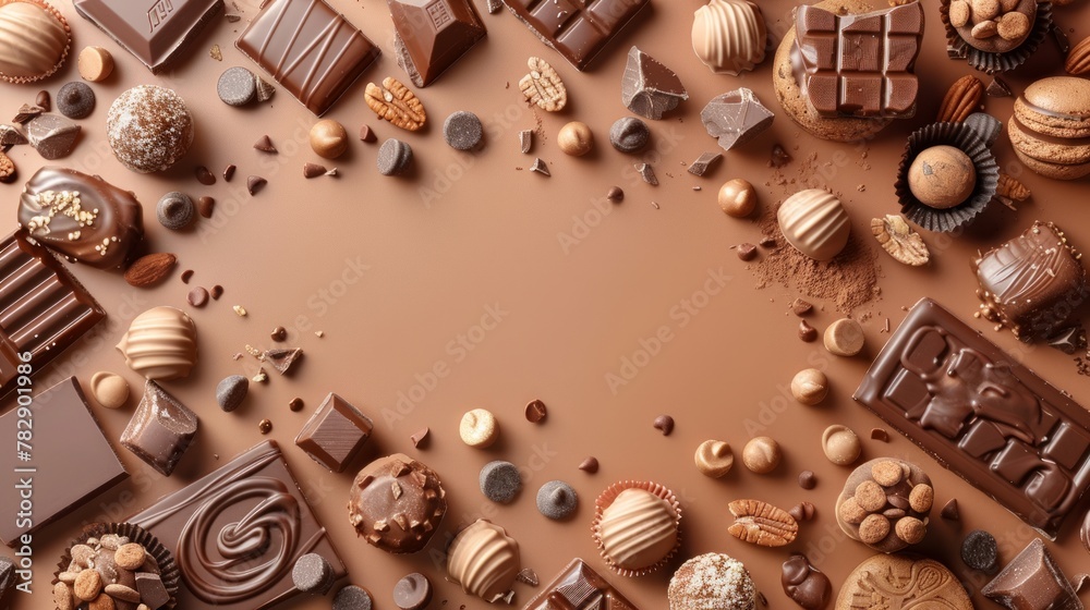 World Chocolate Day Concept. Delicious background. Various chocolates in dark color. Space for text. Banner, background, template. Happy chocolate day. World Chocolate Day Concept. Delicious background. Various chocolates in dark color. Space for text. Banner, background, template. Happy chocolate day.