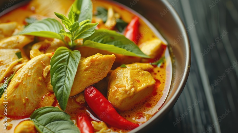 Freshly Cooked Chicken Curry Dish Served on Dining Table, Ready to be Eaten and Enjoyed.