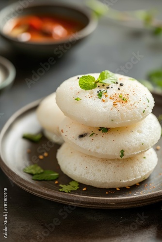 Appetizing South Indian Style Idli Stacked Dish Served on Plate, Ready to be Eaten and Enjoyed.