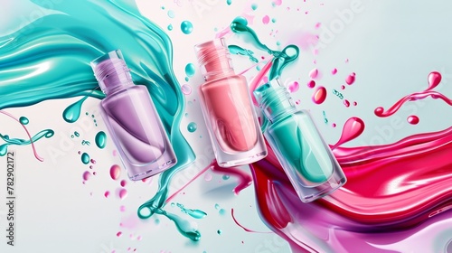 3D nail polish bottles realistic modern banner, fallen glass tubes of blue, green, and pink colors splatter and mix on white background. Cosmetic make-up product advertising promo.