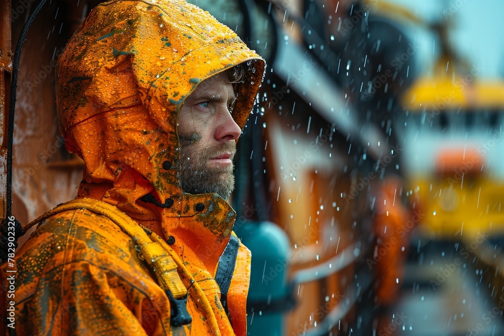 A focused man wears reflective rain gear while standing in a downpour, looking pensive
