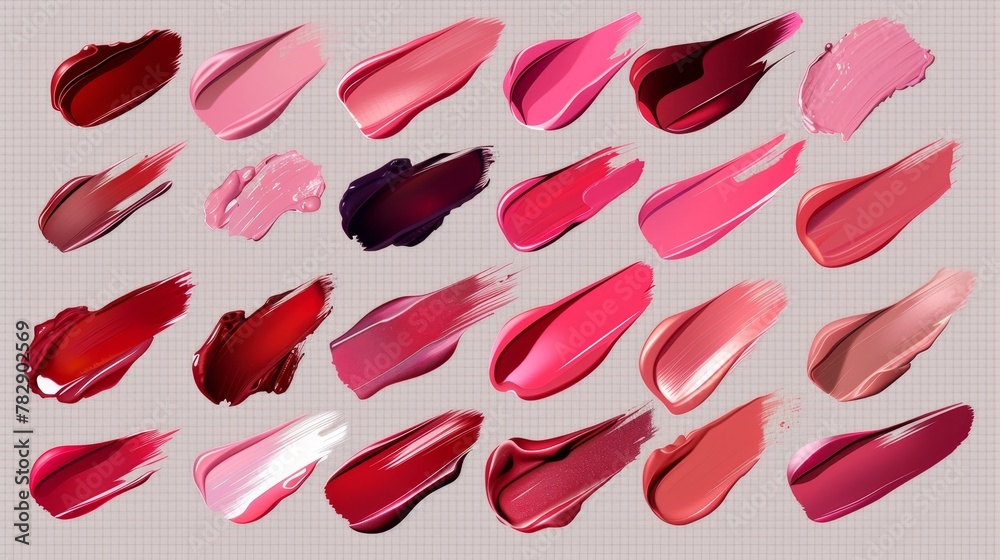 Lipstick swatches, smudges from liquid gloss for makeup palette isolated on white. Modern realistic mockup of smears of red, rose, and pink lipstick for females. Lipstick swatches, smudges from liquid gloss for makeup palette isolated on white. Modern realistic mockup of smears of red, rose, and pink lipstick for females.