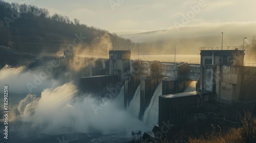 Misty Sunrise Over Hydroelectric Dam Generating Power