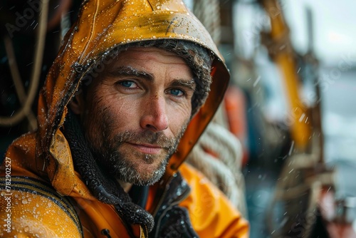 A rugged man in a yellow raincoat stands amidst snowflakes, giving a serious look possibly during a fishing expedition