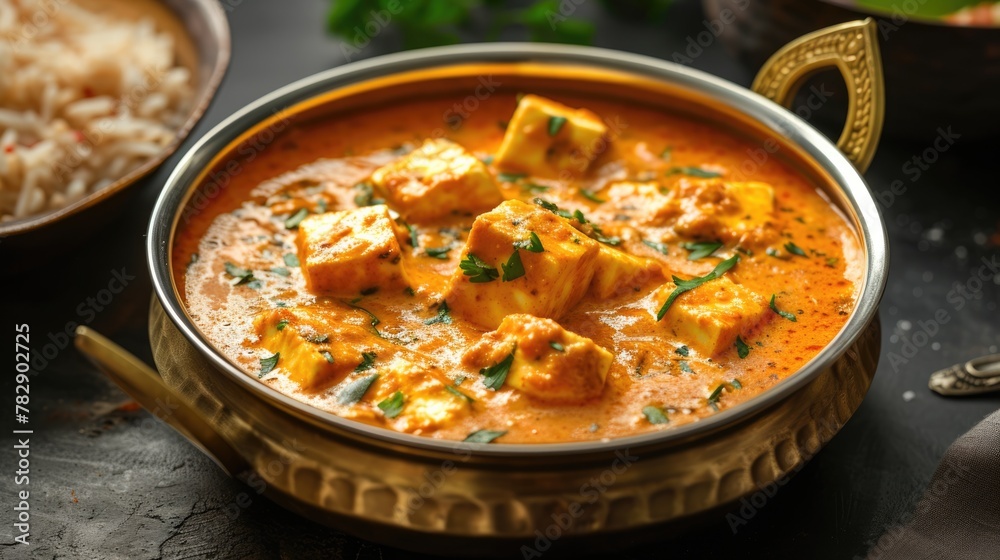 Homemade Spicy Indian Cheese Curry (Shahi Paneer) served in brass bowl, inviting the viewer to enjoy a serving of this delectable dish.