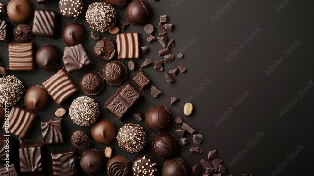 World Chocolate Day Concept. Various chocolates in dark color. Space for text. Banner, background, template. Happy chocolate day. - obrazy, fototapety, plakaty 