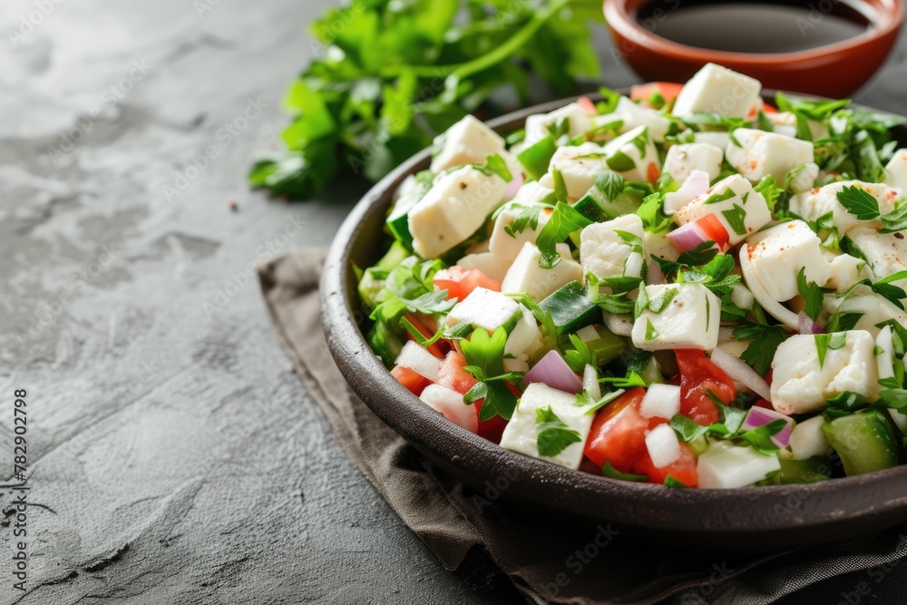 Healthy meal of cheese and vegetable salad served in bowl, ready to be eaten. Healthy meal of cheese and vegetable salad served in bowl, ready to be eaten.