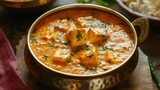 Homemade Spicy Indian Cheese Curry (Shahi Paneer) served in brass bowl, inviting the viewer to enjoy a serving of this delectable dish.