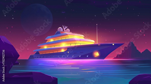 A luxury cruise liner moored in a tropical port at night with glowing portholes, a passenger vessel on the dark surface of dark water. Modern illustration of a cruise liner at night on the ocean.