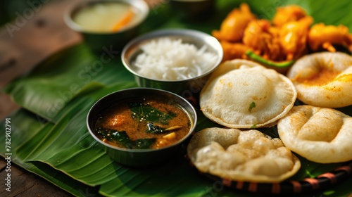 South Indian Traditional Cuisine Served on Banana Leaf, Freshly Prepared and Inviting on the Occasion of Cultural Festival.
