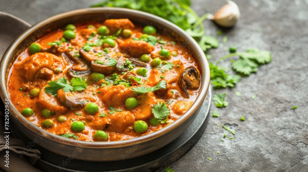 Homemade Spicy Potato and Mushroom Curry Served on Dining Table, Ready to Be Eaten and Enjoyed.