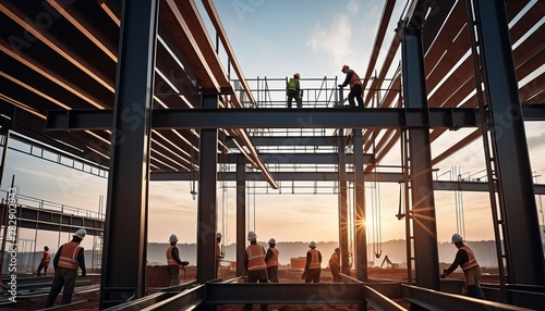 Construction workers engaged in collaborative work on the steel framework of a new building at dawn.. AI Generation