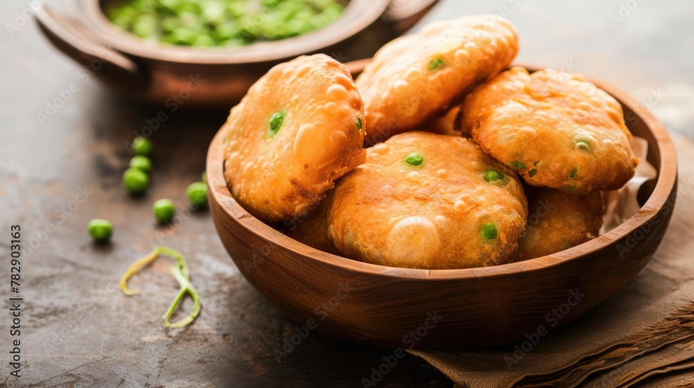 Freshly Cooked Indian Food Crispy Kachori (Lentil Dough) Served in Bowl, Ready to be Eaten. Freshly Cooked Indian Food Crispy Kachori (Lentil Dough) Served in Bowl, Ready to be Eaten.