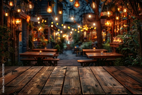 Nighttime scene capturing the glow of string lights over wooden tables, plants, and elegant decorations