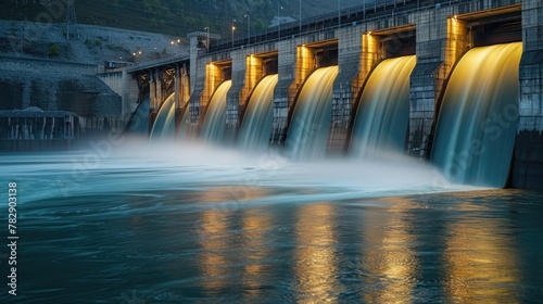 Majestic Hydroelectric Dam Illuminated at Twilight with Water Flow