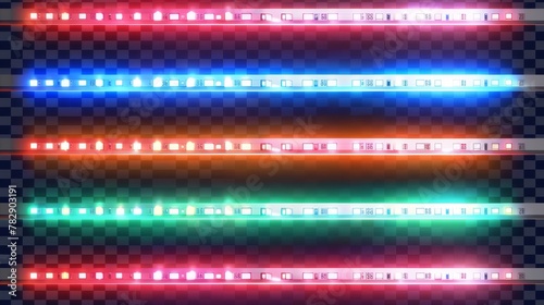 A realistic modern set of red, green, blue and white light strips, glowing tape with lamps and diode bulbs. photo