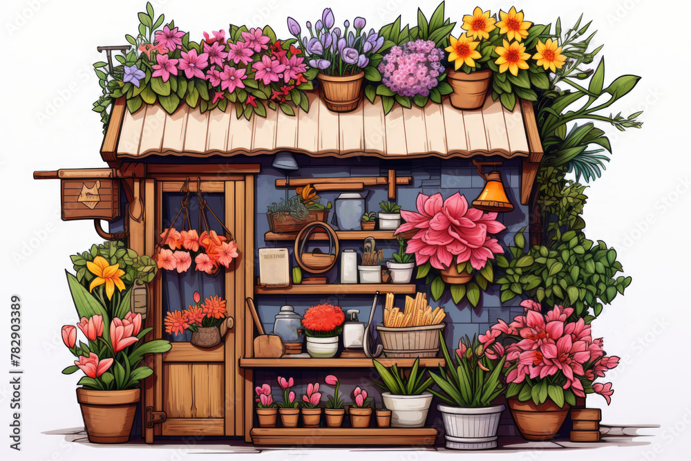 Cute flower shop illustration. Retro flower shop. Flower pots with plants and bouquets