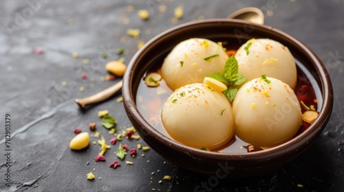 Mouth-watering Rasgulla-Cheese Dumplings in Sugar Syrup Served on Surface, Ready to be Eaten and Enjoyed. photo