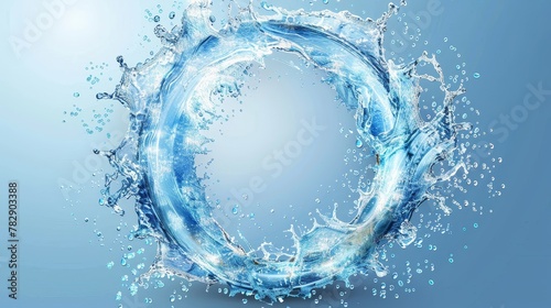 Water splash, liquid aqua frame of round shape, dynamic motion elements with spray droplets, isolated border on transparent background, hydration advertisement.