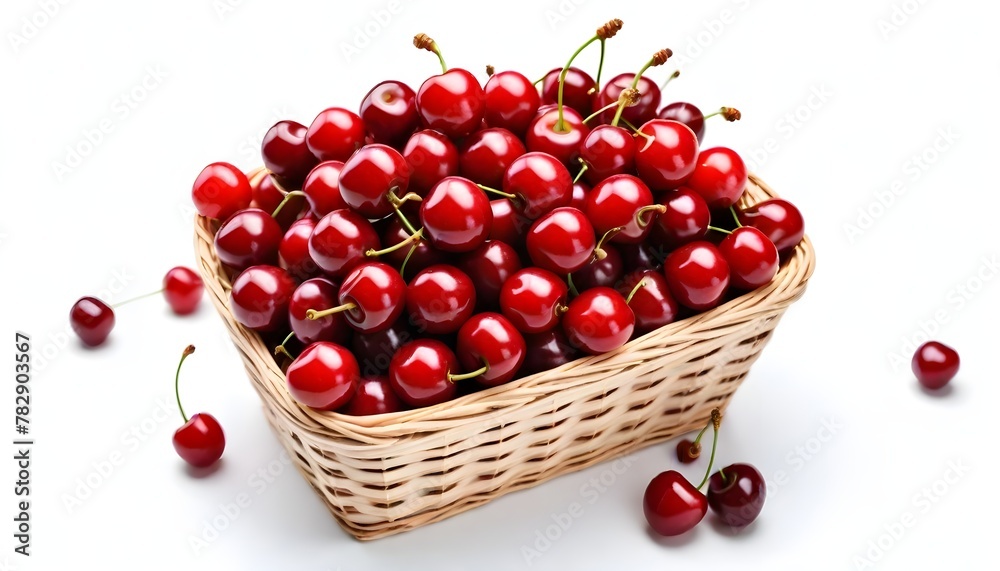 A basket full of sweet red cherries isolated on white background, precise clipping path embedded. A basket full of sweet red cherries isolated on white background, precise clipping path embedded.